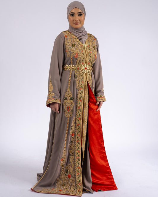 Royal Taupe Gold Takchita front view
