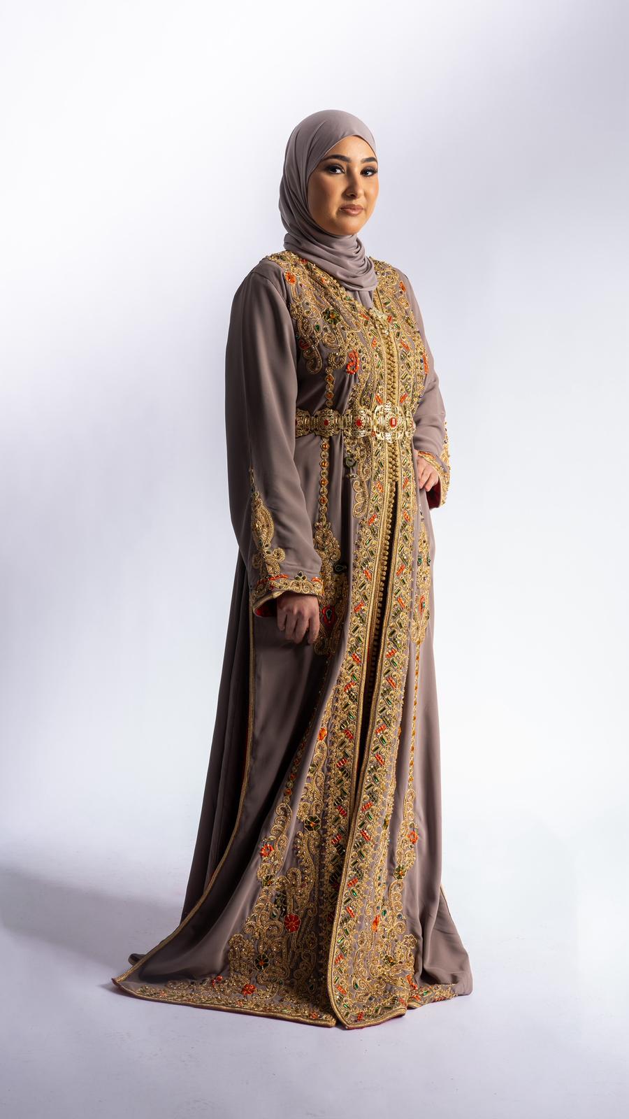 Royal Taupe Gold Takchita front view