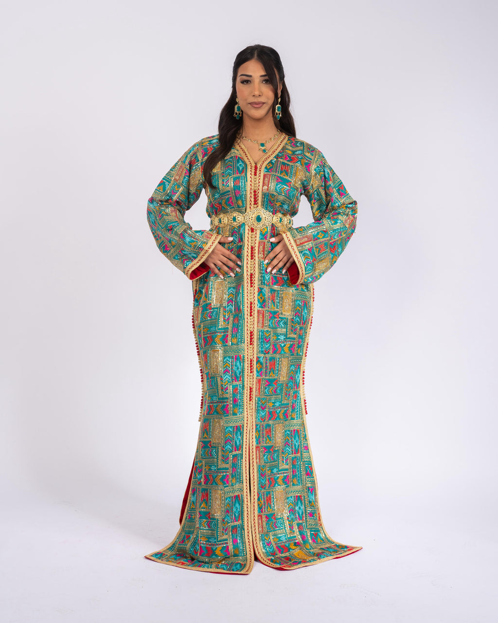 Royal Turquoise Gold Takchita Front View