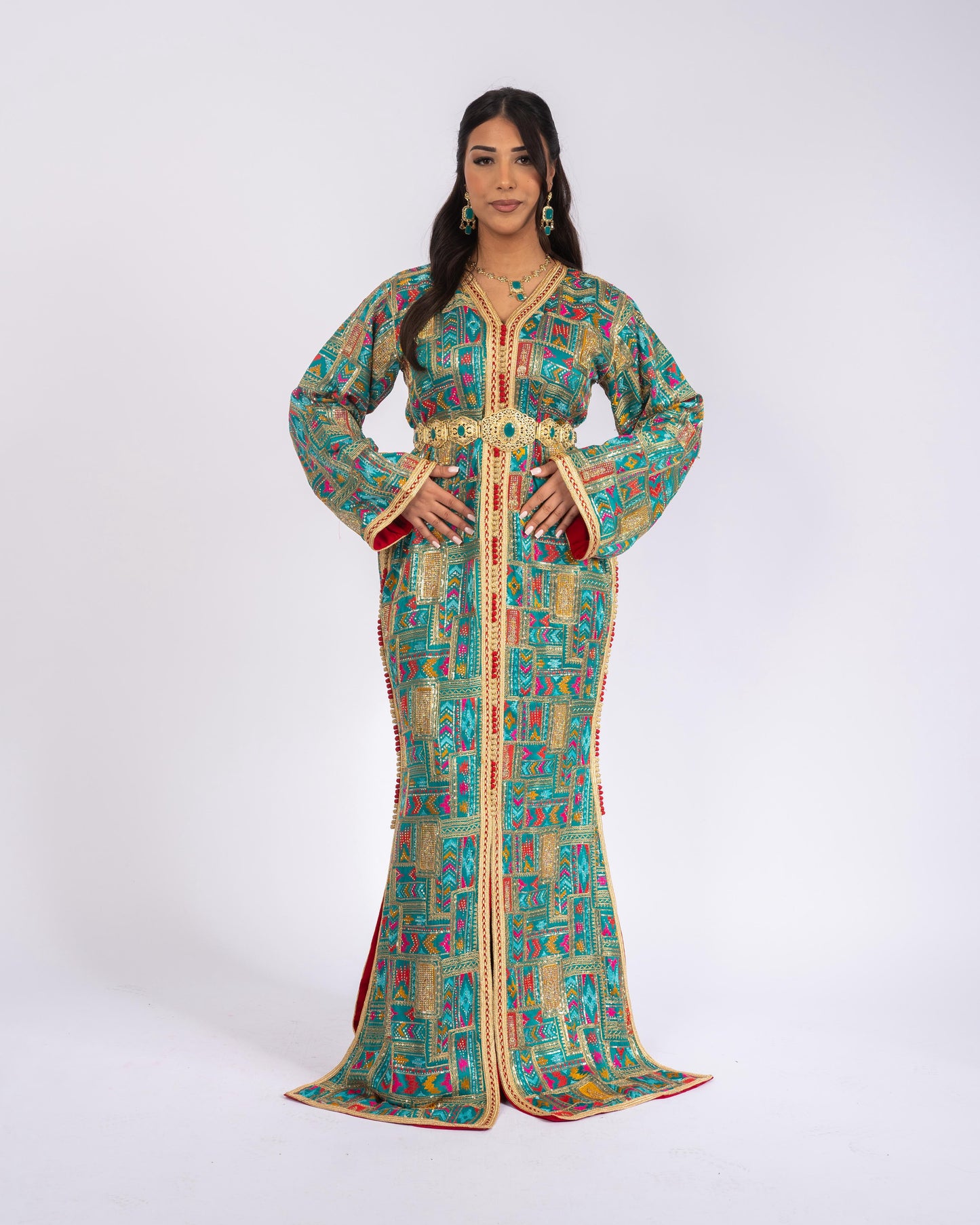 Royal Turquoise Gold Takchita Front View