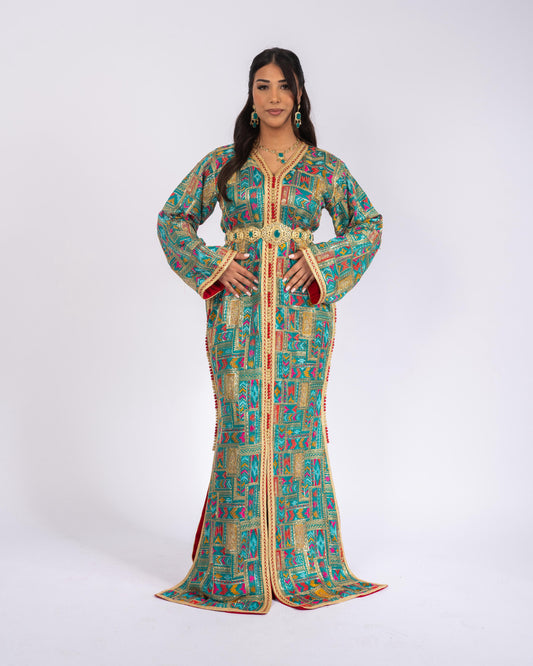Royal Turquoise Gold Takchita Front View
