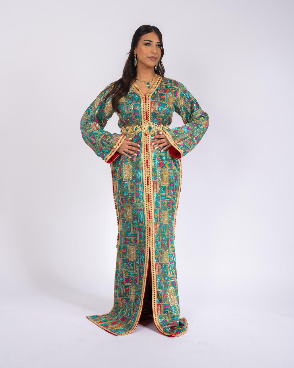 Royal Turquoise Gold Takchita front view 2