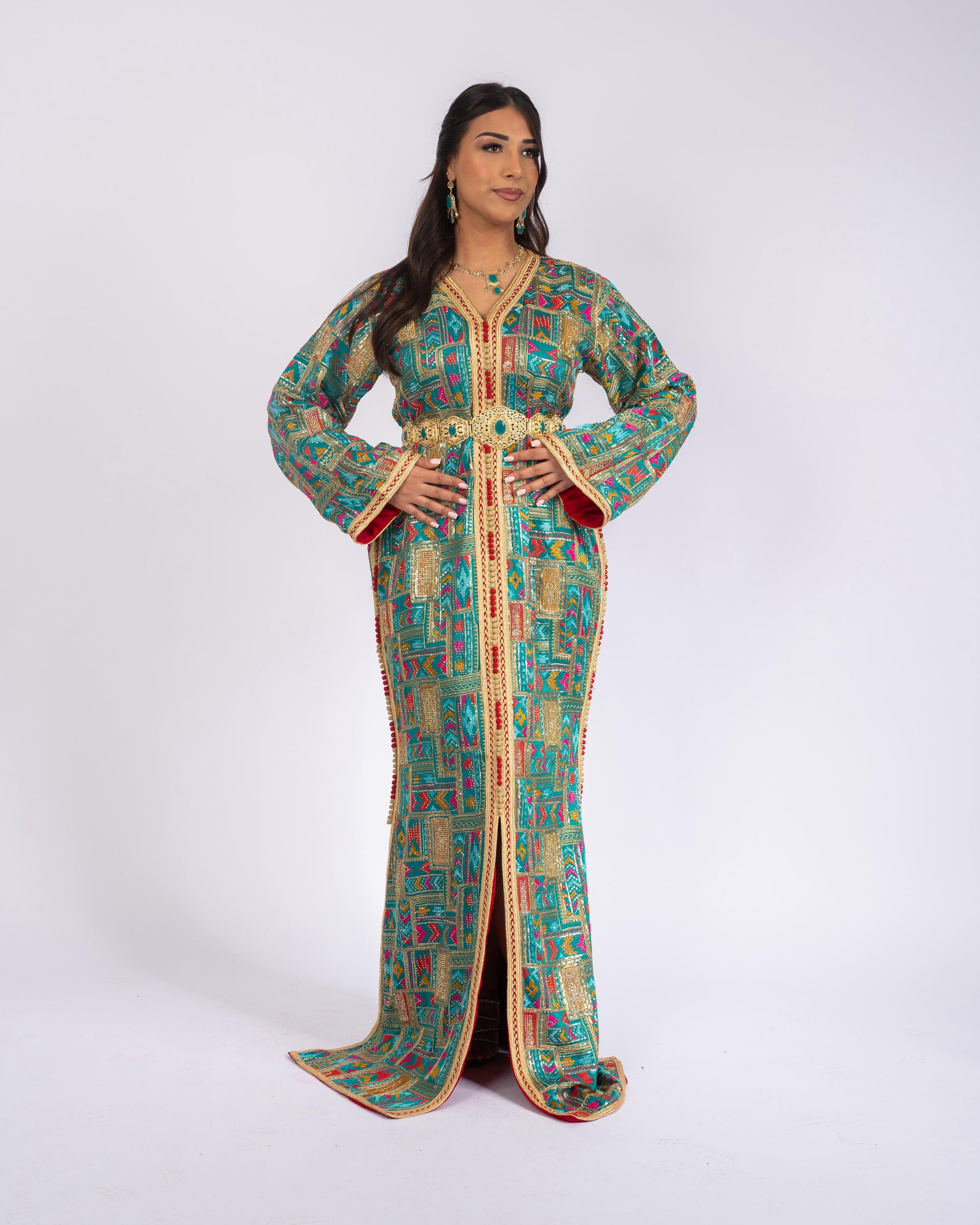 Royal Turquoise Gold Takchita front view 2